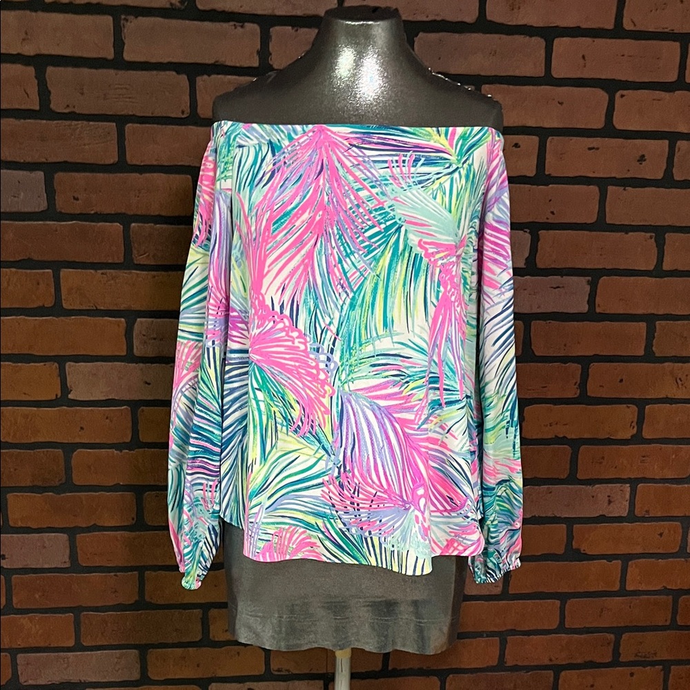 Lilly Pulitzer Pink and Green Off-Shoulder Blouse 90% silk